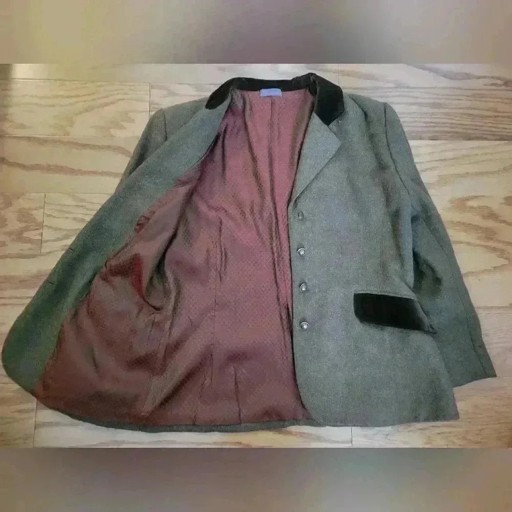 Vintage Brown Wool Blazer Velvet Collar Brass Buttons EU 42 - Picture 4 of 6